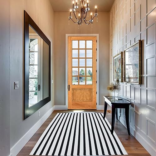 Miniatura 5 de Alfombra para exteriores color blanco y negro de 3 x 5 pies, alfombra a rayas para porche delantero tejida a mano, de algodón, lavable a máquina,