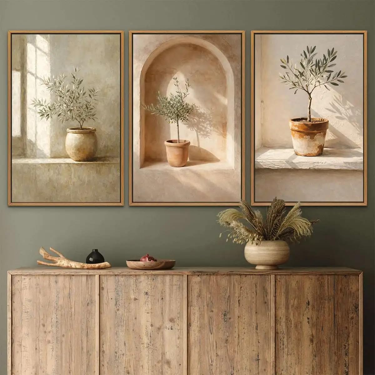 Dittelle Quadro su tela in stile boho con stampa di piante, poster con piante in vaso illuminate dal sole, decorazione murale retrò (60x90 cm/3 pezzi senza cornice)