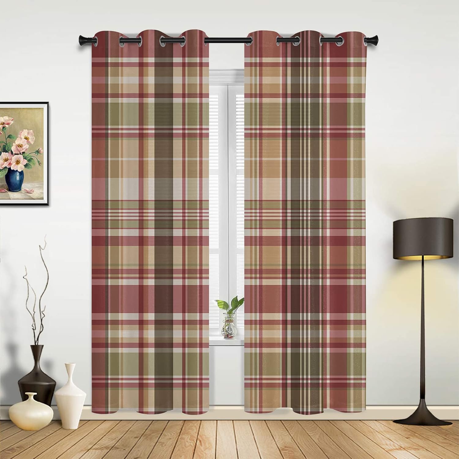 Buffalo Plaid Curtains for Living Room 63 Inch Length Drapes, Farmhouse Style Retro Green Red Plaid Window Treatments Curtain Panels, Grommet Top, 2 Pack