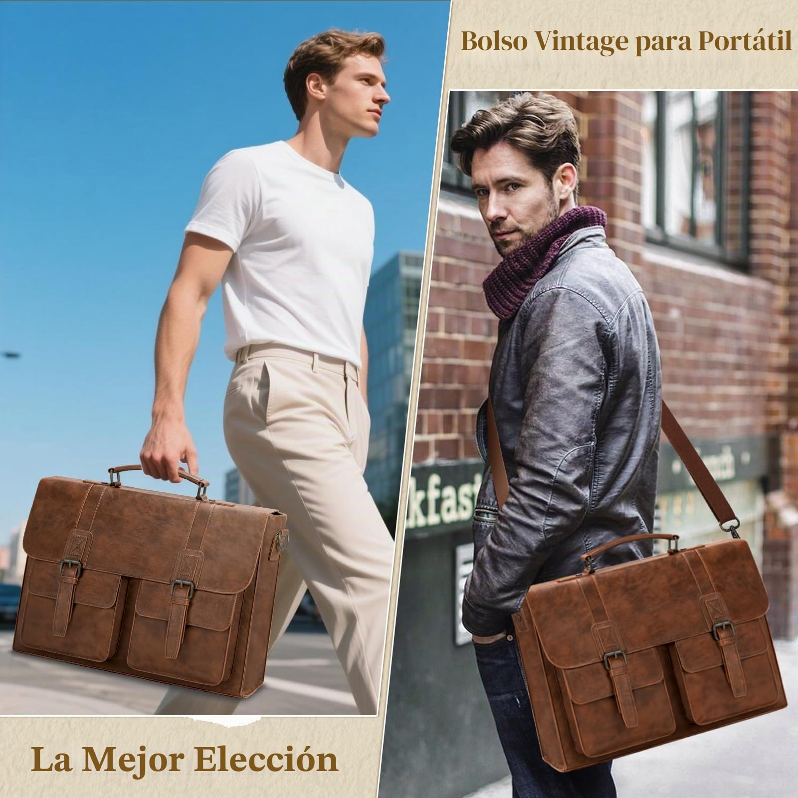 RAINSMORE Maletin Portatil 15,6 Pulgadas Piel PU Bolso de Mensajero Impermeable Bandolera Hombre Grande para Trabajo Negocios Marrón