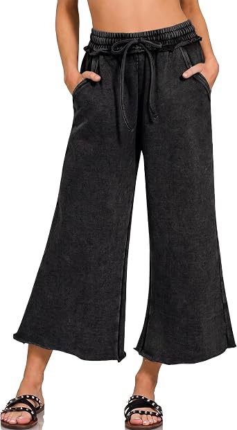 Ainangua Womens Casual Wide Leg Pants High Waist Drawstring Crop Acid Wash Sweatpants Lounge Palazzo Pants with Pockets