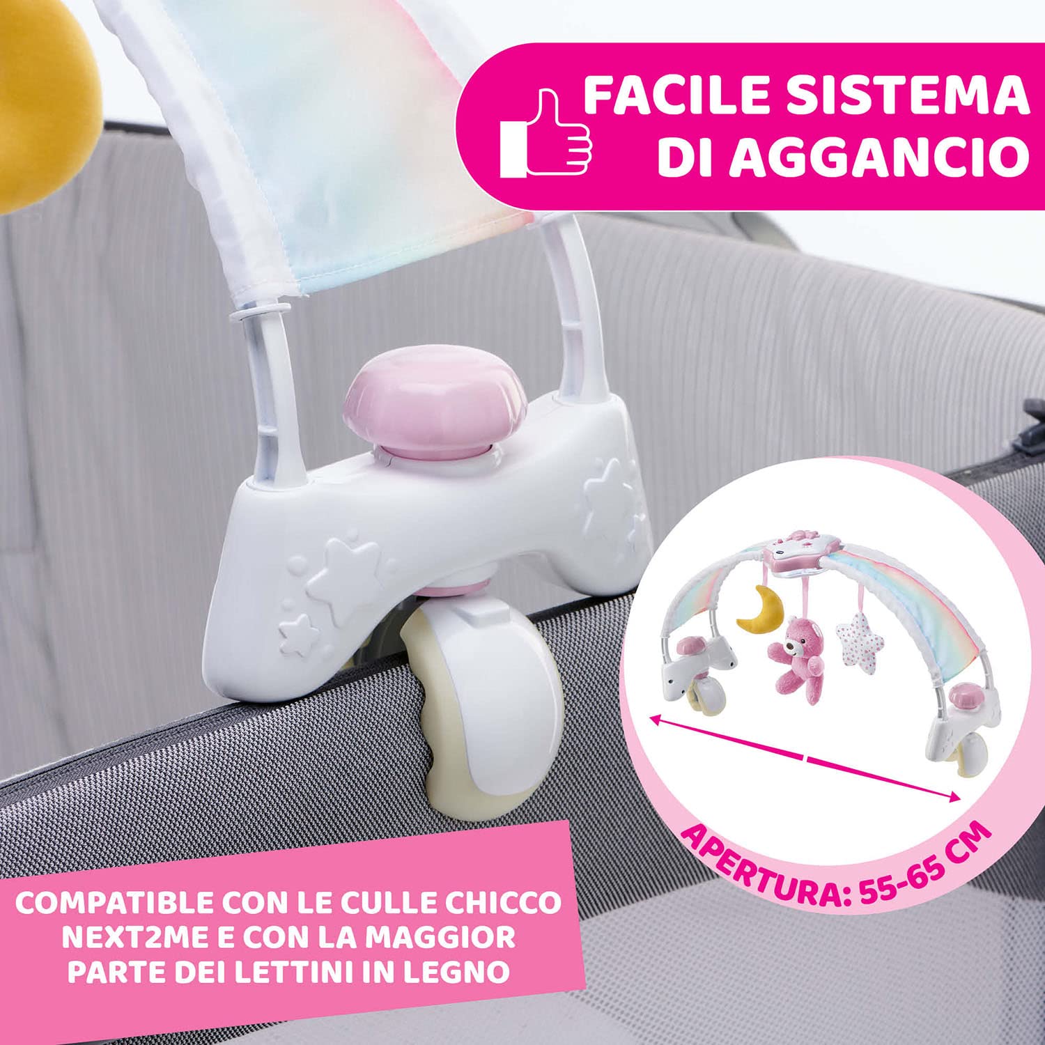 Chicco Arche Arc en Ciel Jeu de Développement 2 en 1 Compatible avec le Lit Next2Me, Panneau de Berceau avec Arche Arc-en-ciel et Veilleuse avec Musique et Pendentifs - Jouet Bébé 0+ Mois, rose