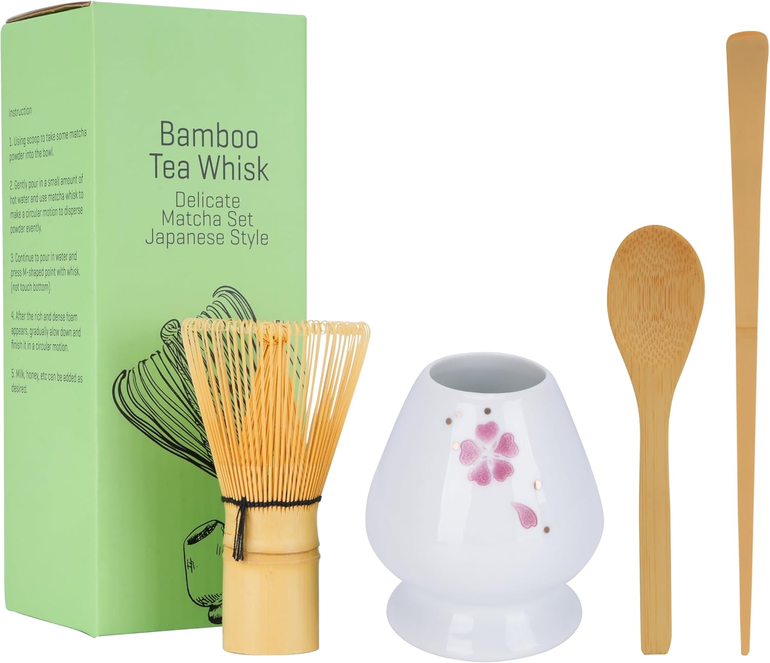 Matcha Whisk Set – Handcrafted Whisk set, Ceramic Whisk Holder (Multi-color ceramics), Traditional Tea Spoon – Authentic Japanese Matcha Tea Ceremony Kit, Matcha Set Gift (White)