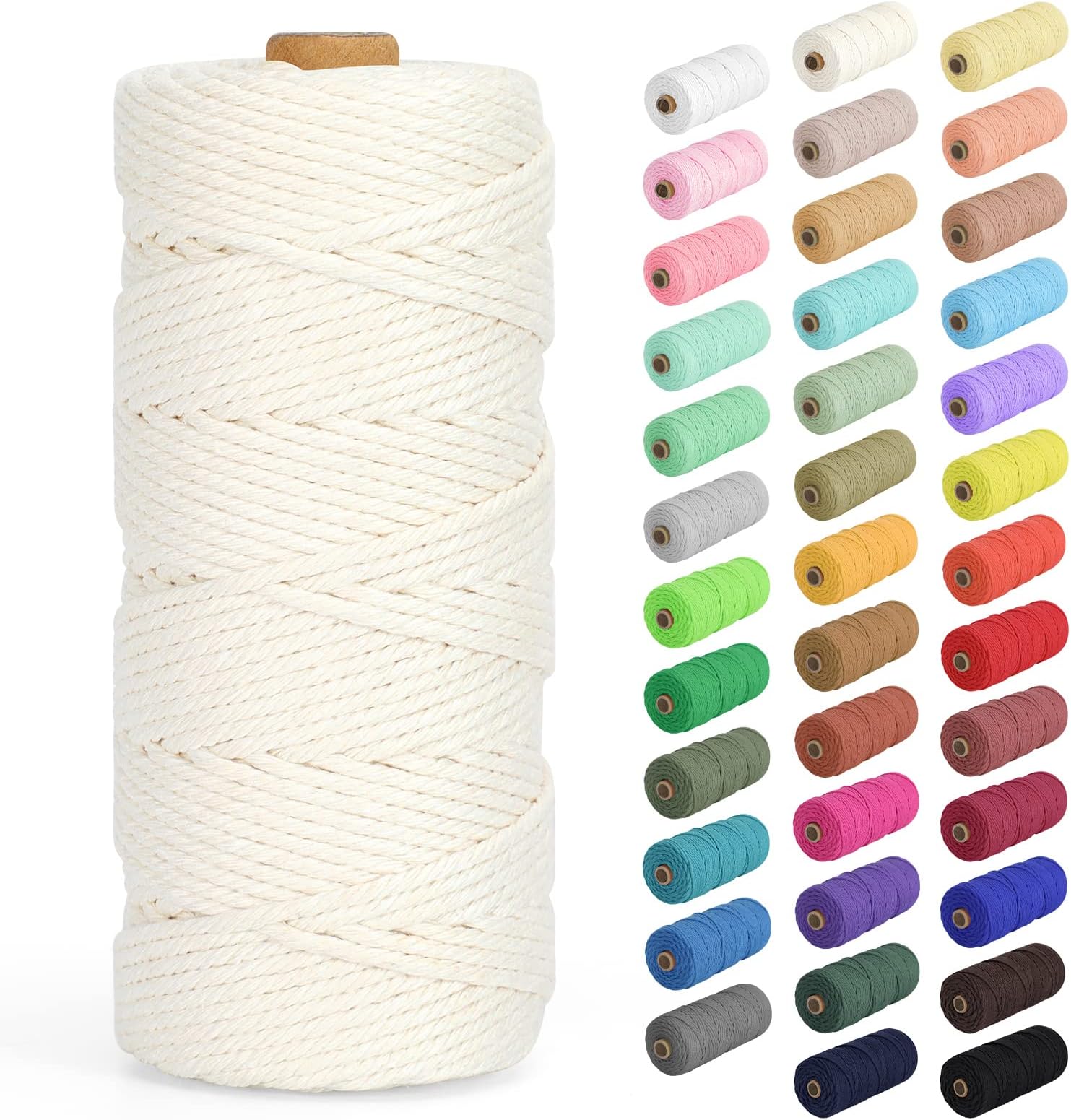 Natural Cotton Macrame Rope - 3mm x 109Yards (328Feet), 4 Strands Twisted Cotton Cord for Wall Hanging, Plant Hangers, Crafts, Gift Wrapping and Wedding Decorations, Beige
