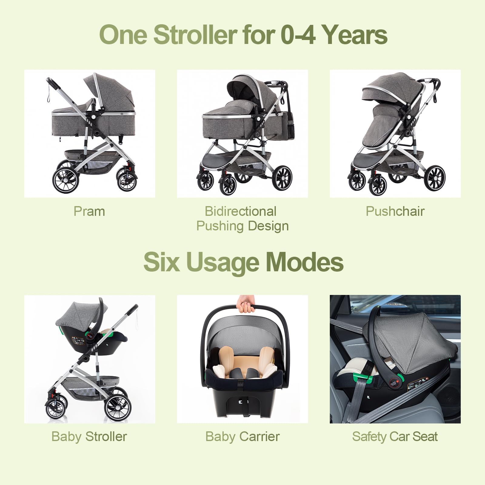 Gcarebb Passeggino 3 in 1 con seggiolino auto pieghevole telaio alluminio neonati 0-4 anni