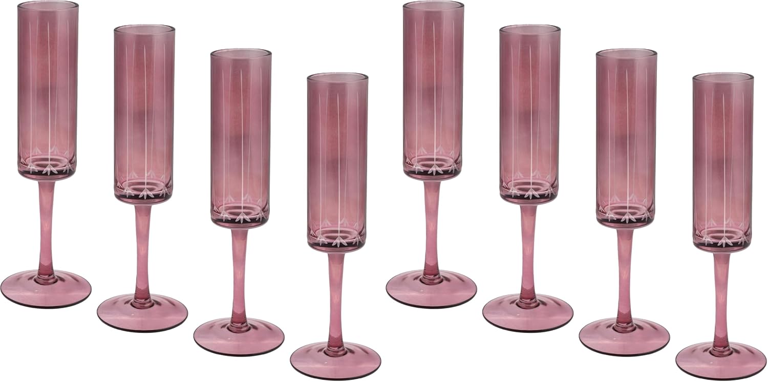 Karma Gifts, Vintage Flute Glass, Etched Cranberry, Set Of Four