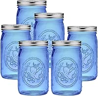 ELEGANTTIME Blue Wide Mouth Mason Jars 32 oz, 6 Pack - Colored Quart Glass Canning Jars with Airtight Lids for Pickling, Storage, Crafts