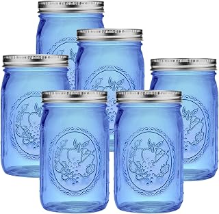 ELEGANTTIME Blue Wide Mouth Mason Jars 32 oz, 6 Pack - Colored Quart Glass Canning Jars with Airtight Lids for Pickling, Storage, Crafts