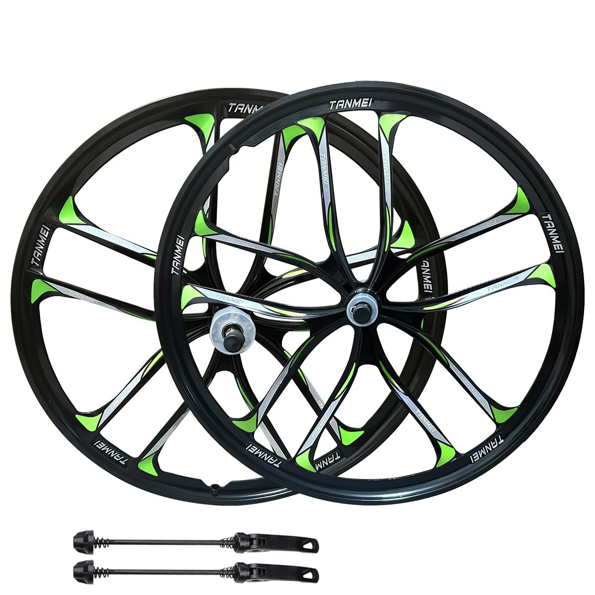QUYCOIU Bike Wheel Set 24/26/27.5 Inch Magnesium Alloy One-Piece Bike Wheels 10 Spokes Rim Front & Rear 100x135mm For 6-9s Freewheel Quick Release Axles(Black-Green,27.5in-Pair)
