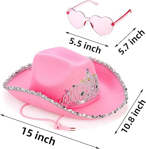Miniatura 2 de Paquete de 2 sombreros de vaquera rosa con gafas de corazón, sombrero de princesa de vaquero de lentejuelas rosas con diseño de corona de tiara,