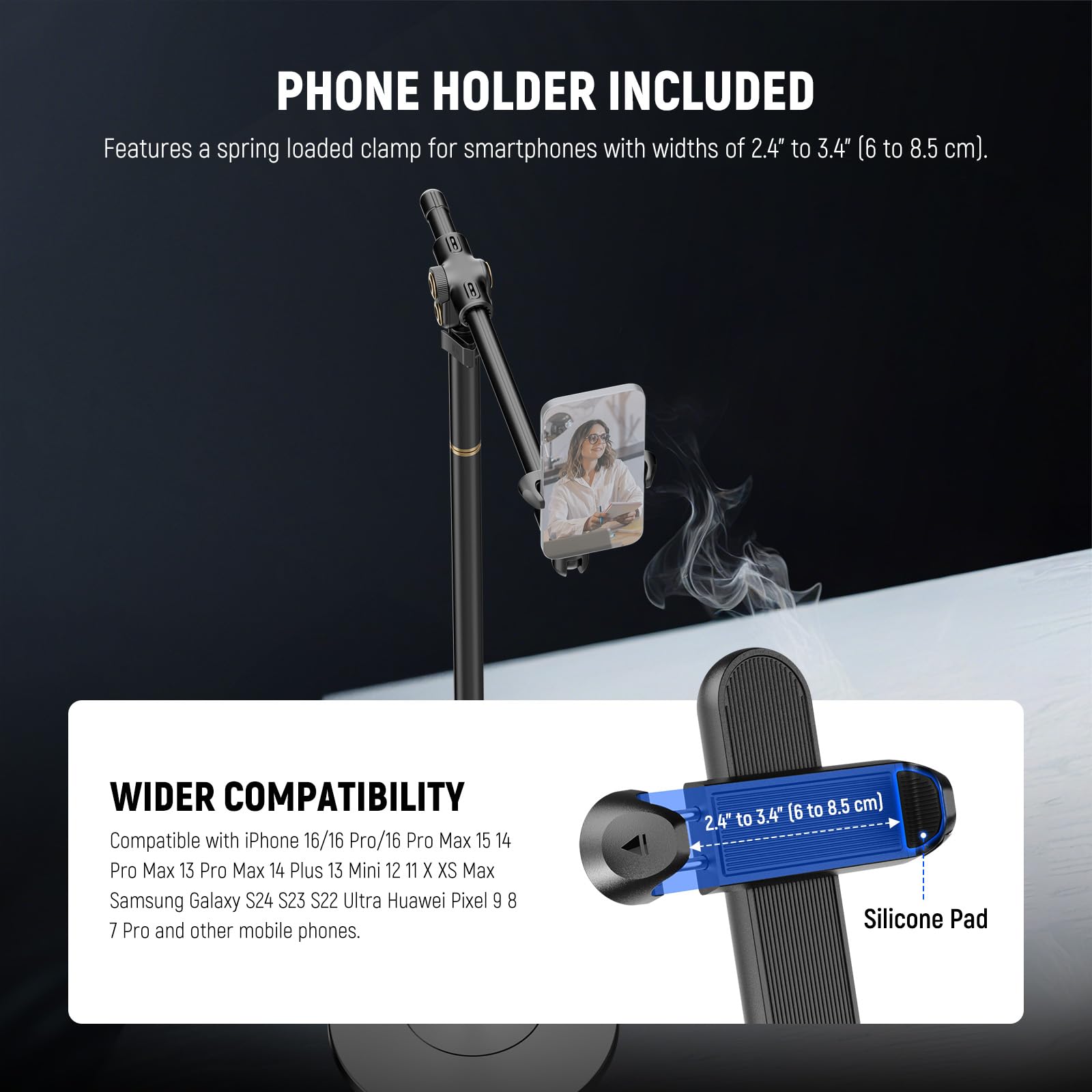 NEEWER BASICS ST009 Stojak podłogowy na telefon z poziomym ramieniem przedłużającym, regulowany uchwyt na telefon do łóżka, kompatybilny z iPhone 16, 15 Pro Max Plus, Samsung, do nagrywania wideo