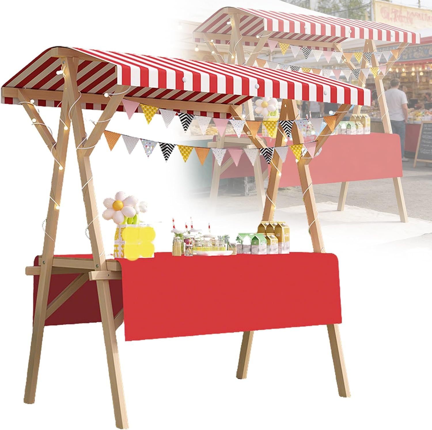 Portable Foldable Wooden Market Stall Display Table with Sun Canopy, Detachable Bunting, Tablecloth - Ideal Vendor Cart for Outdoor Markets & Craft Shows (Red Stripes, 59in)
