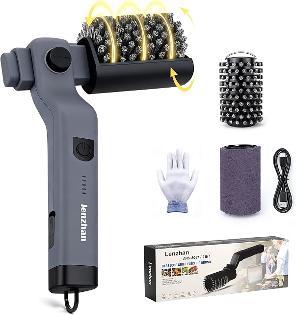 Cordless Electric Grill Brush with Adjustable Angle, 3-Speed Power Motor & Stainless Steel Head - Rechargeable, 90-Min Runtime, Waterproof Grill Cleaner for BBQ Grates & Griddles (Gray)
