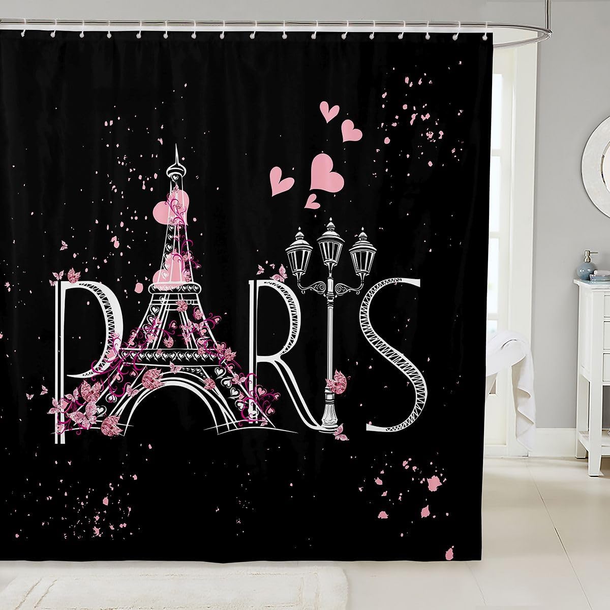 Eiffel Tower Bath Curtain Chic Paris Shower Curtain Romantic Theme Bathroom Shower Curtain Set for Stalls Bathtubs Black Pink Bedroom Decor Modern French Style Waterproof Bathroom Curtains 72Wx84L