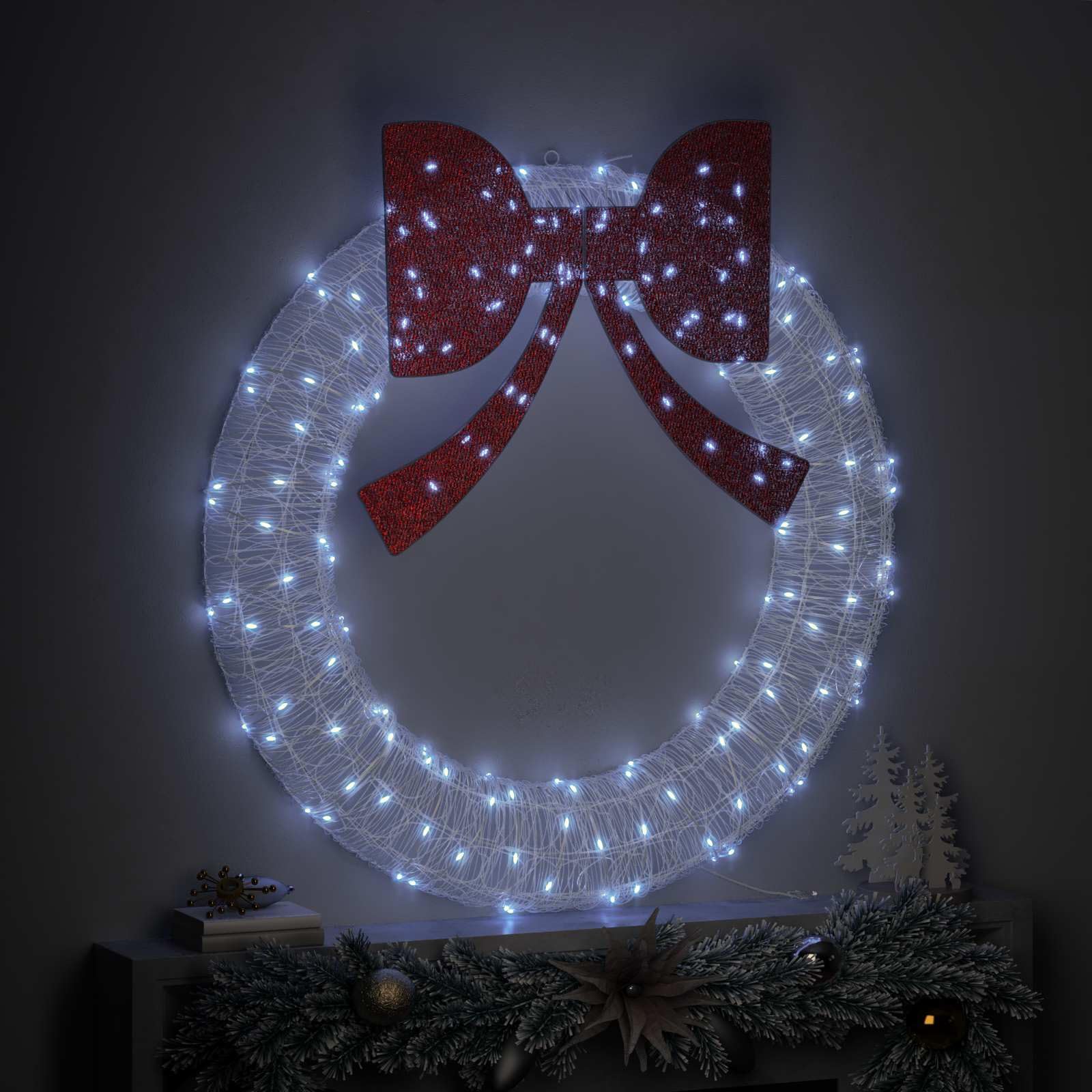 Mangloder Acryl Kranz mit 150 LEDs Kaltweiß 120 cm, USB, Fernbedienung, Weihnachtsdeko für innen und geschützten Außenbereich, moderne Deko mit Schleife, winterliche Fensterdeko