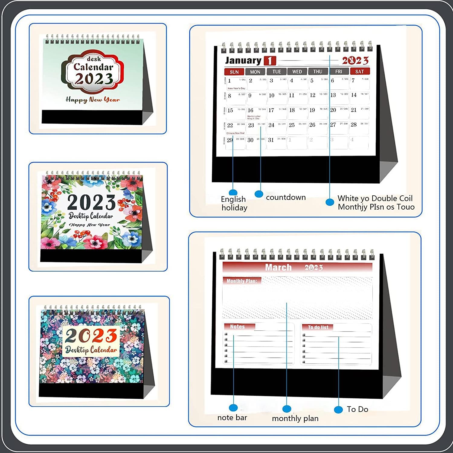 OLOTU Tischkalender Mini-Tischkalender 2023, Englischer Tischkalender für Zuhause, Büro, Schule, Stehkalender, Monatsplaner, Jan. 2023-Dez. 2023 Planer