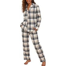 Famulily Women Long Sleeve Pajama Set Plaid Loungewear Sets Button up Top and Wide Leg Pants S-XXL