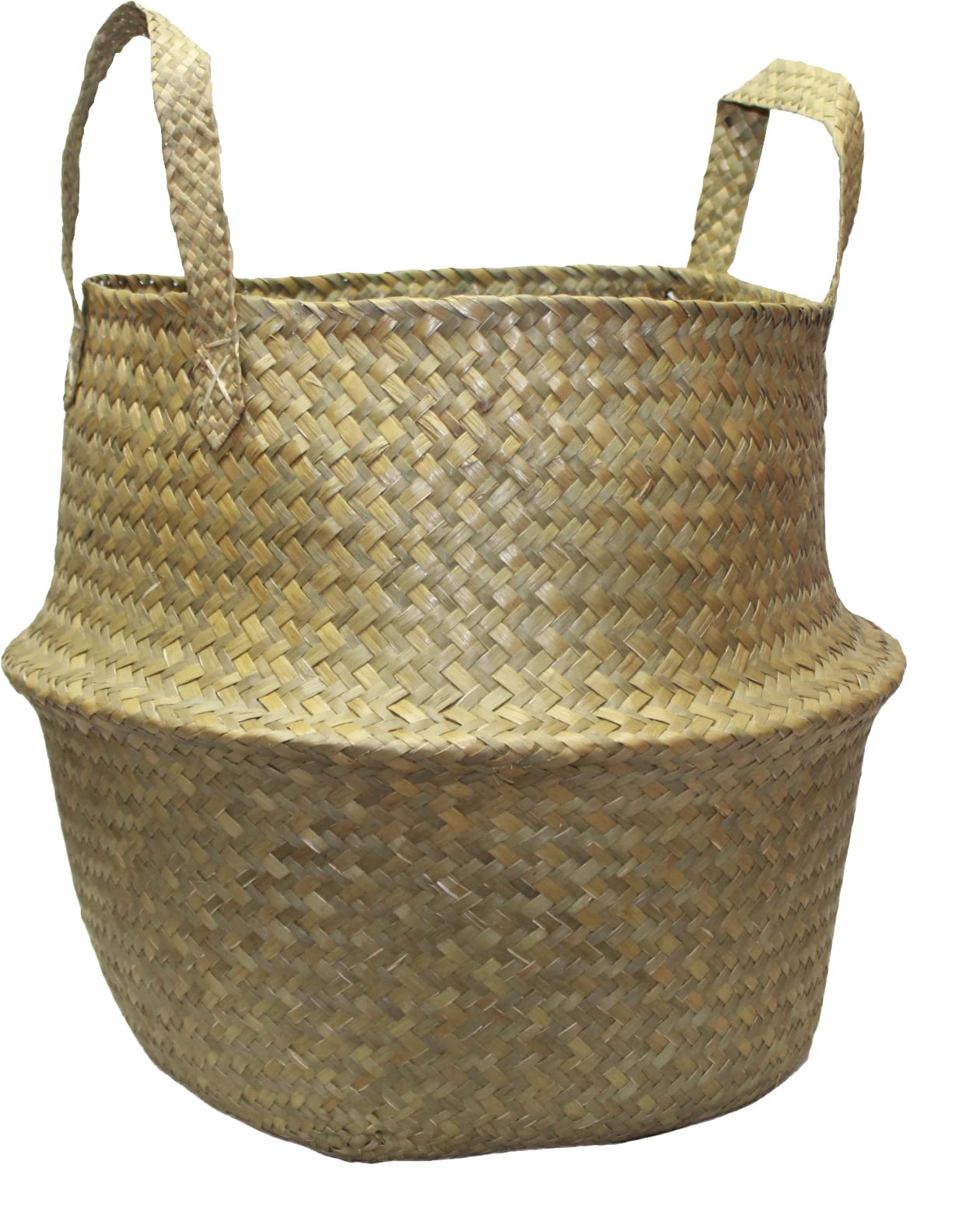 Muddy Hands Seagrass Belly Basket with Handles Natural Woven Foldable Laundry Storage Bag Planter Plant Pot Cover Holder (Large - 30x34.5cm)