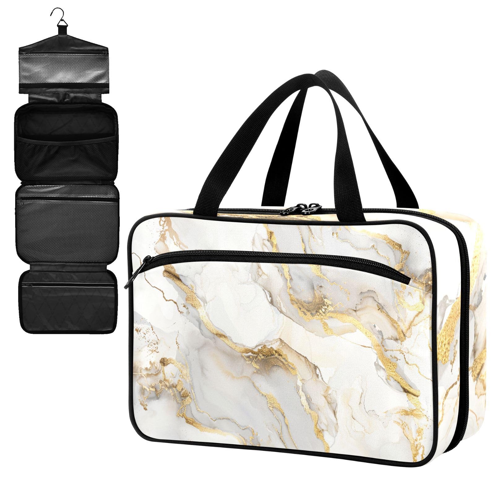 Fustylead Abstract White Marble with Golden Veins Large Medical Supplies Organizer Bag with Zipper Empty First Aid Bag Trauma Kit for Traveling Hiking Camping