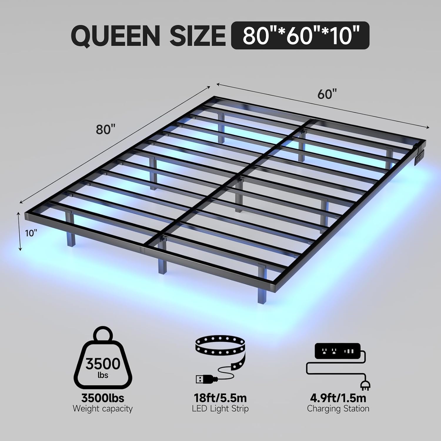 Floating Bed Frame Queen Size with LED Lights and Charging Station, Metal Platform Bed, Easy Assembly No Box Spring Needed