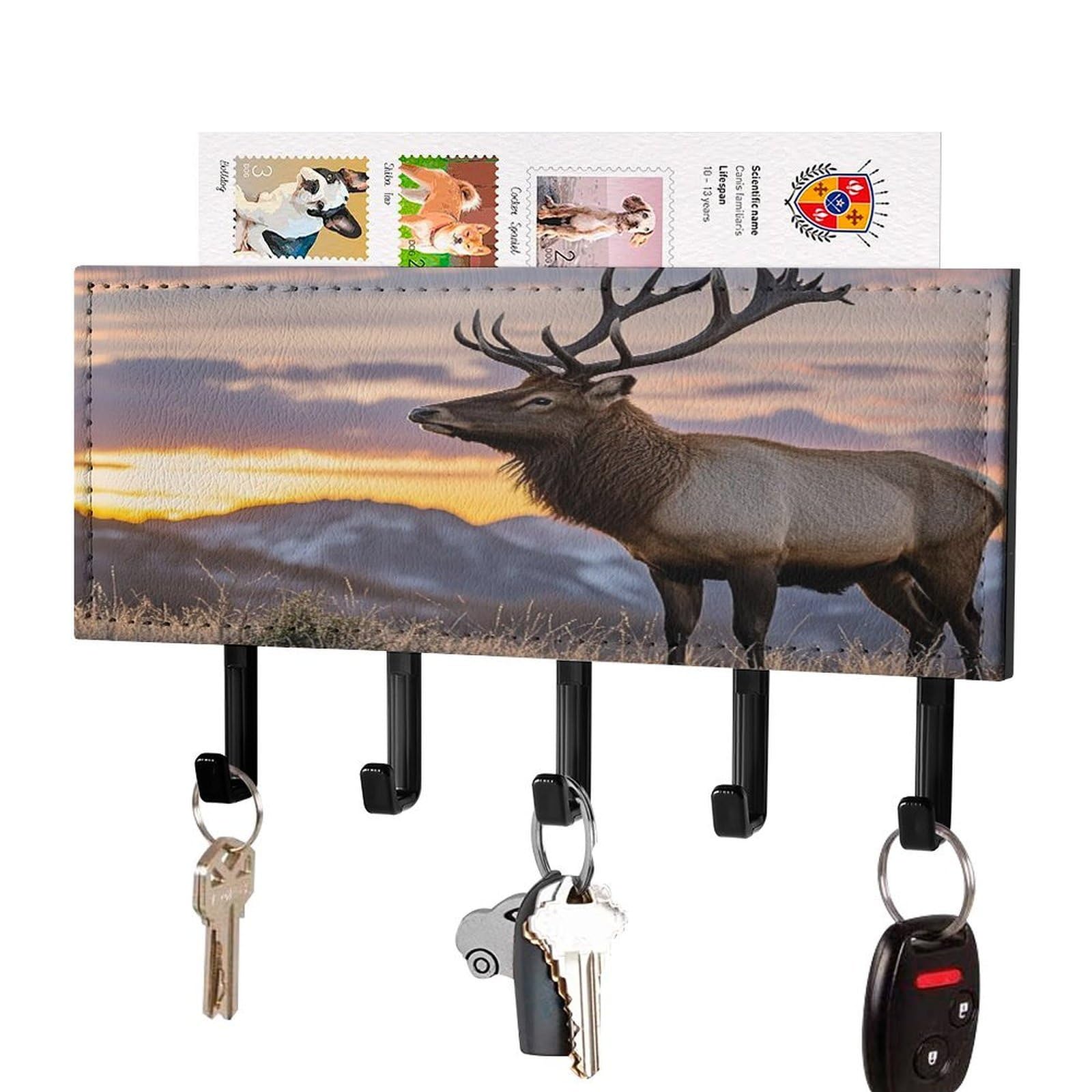 Vstadank Black-Style Red Deer Bull Elk Sunset Key Holder Wall Mount Pu Key Rack Decorative Key And Mail Holder Wall Key Organizer With 5 Key Hooks Key Hanger For Entryway Kitchen Living Room Office Doorway Decor Black