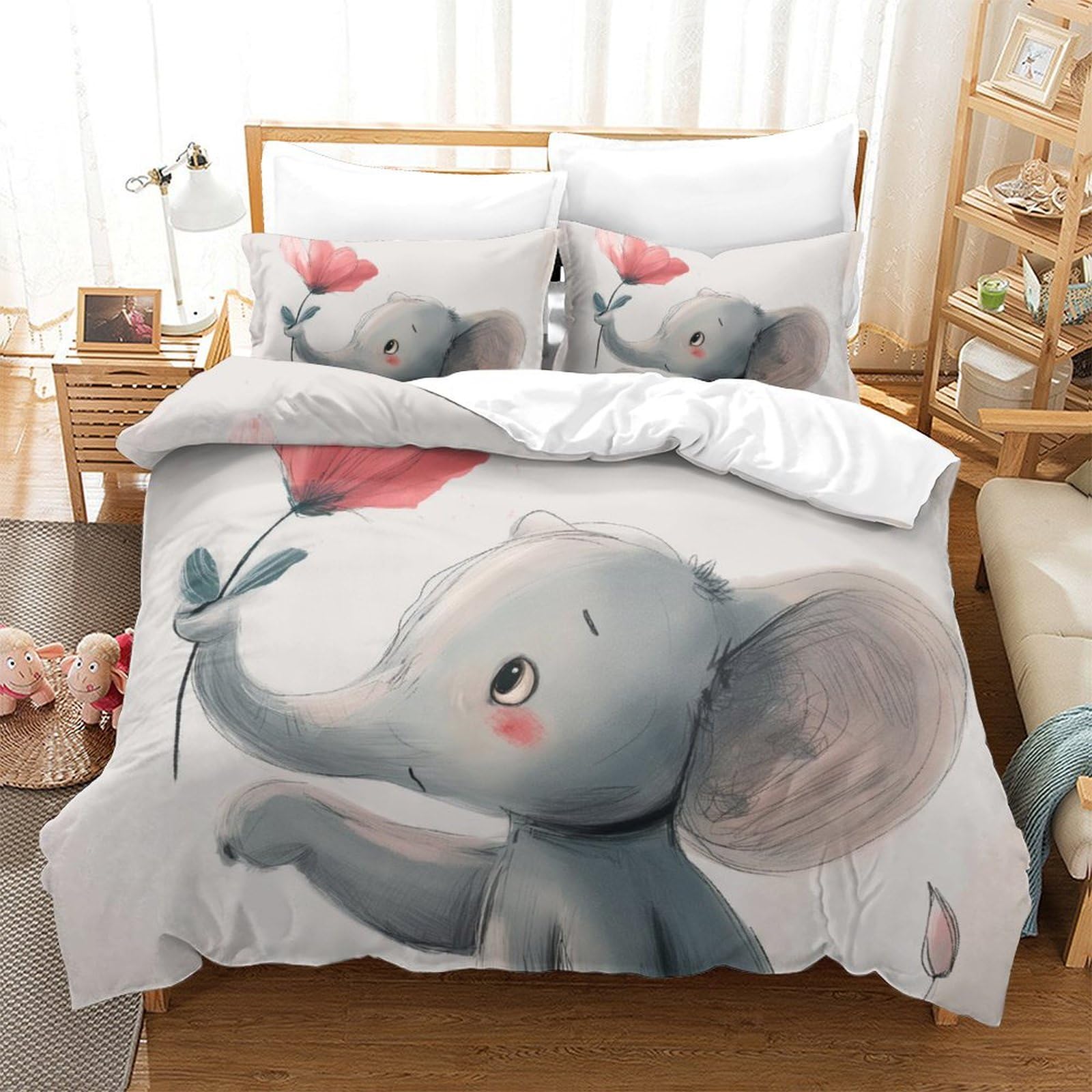 Housses de couettes 3 pièces éléphants 3D super king 260x220cm avec taies d'oreiller microfibre