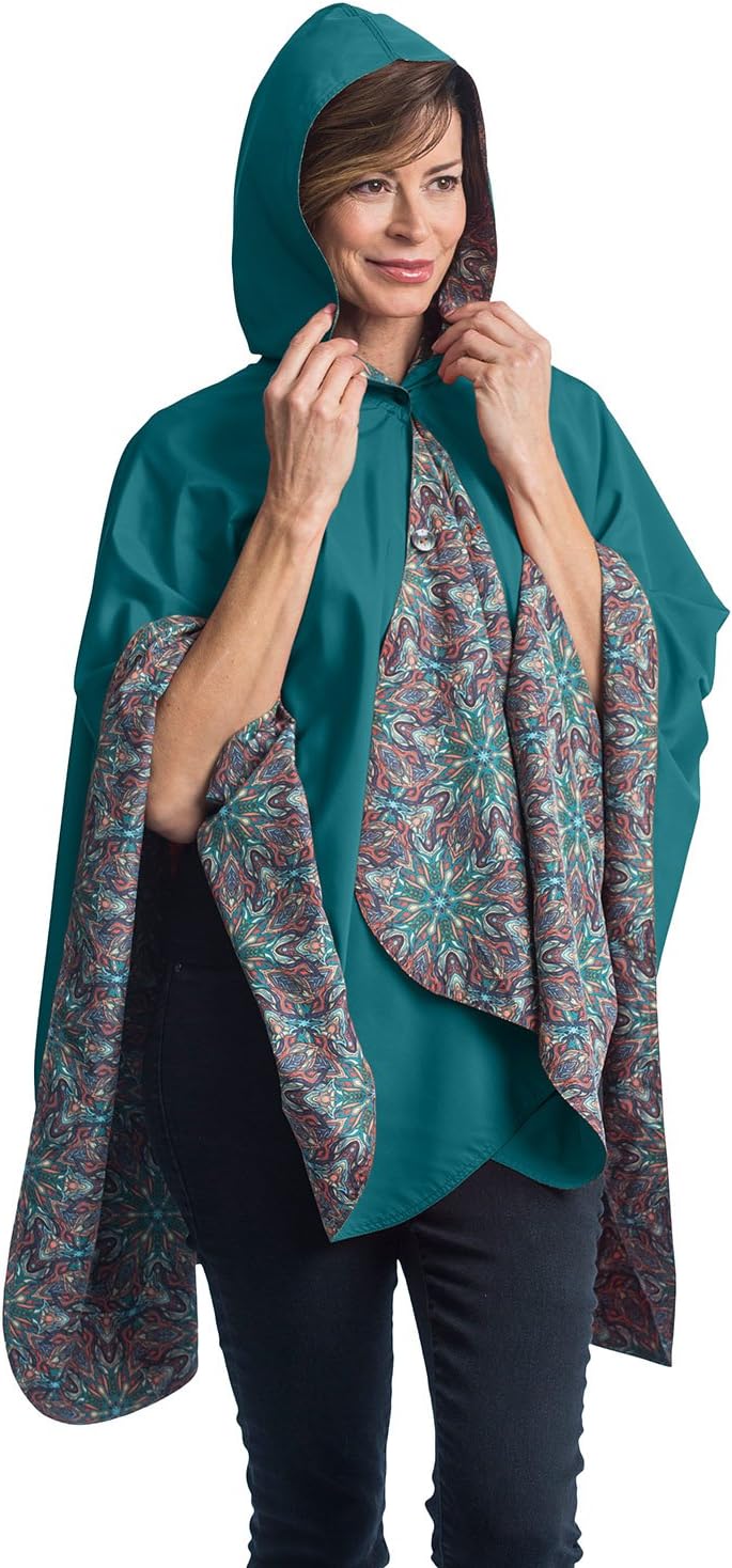 RainCaper Womens Raincoat with Hood โ Gorgeous Reversible Rainproof Jade Travel Cape (Jade & Kaleidoscope)