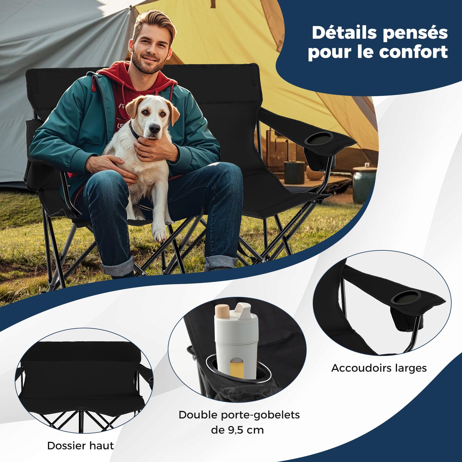 COSTWAY Chaise Pliante Camping à 2 Places, 132 x 66 x 96 cm, Charge 300 kg, Chaise de Jardin Exterieur, 2 Porte-Gobelets, Sac de Transport, Tissu Oxford, Fauteuil Pliant pour Plage Voyage Pêche (Noir)