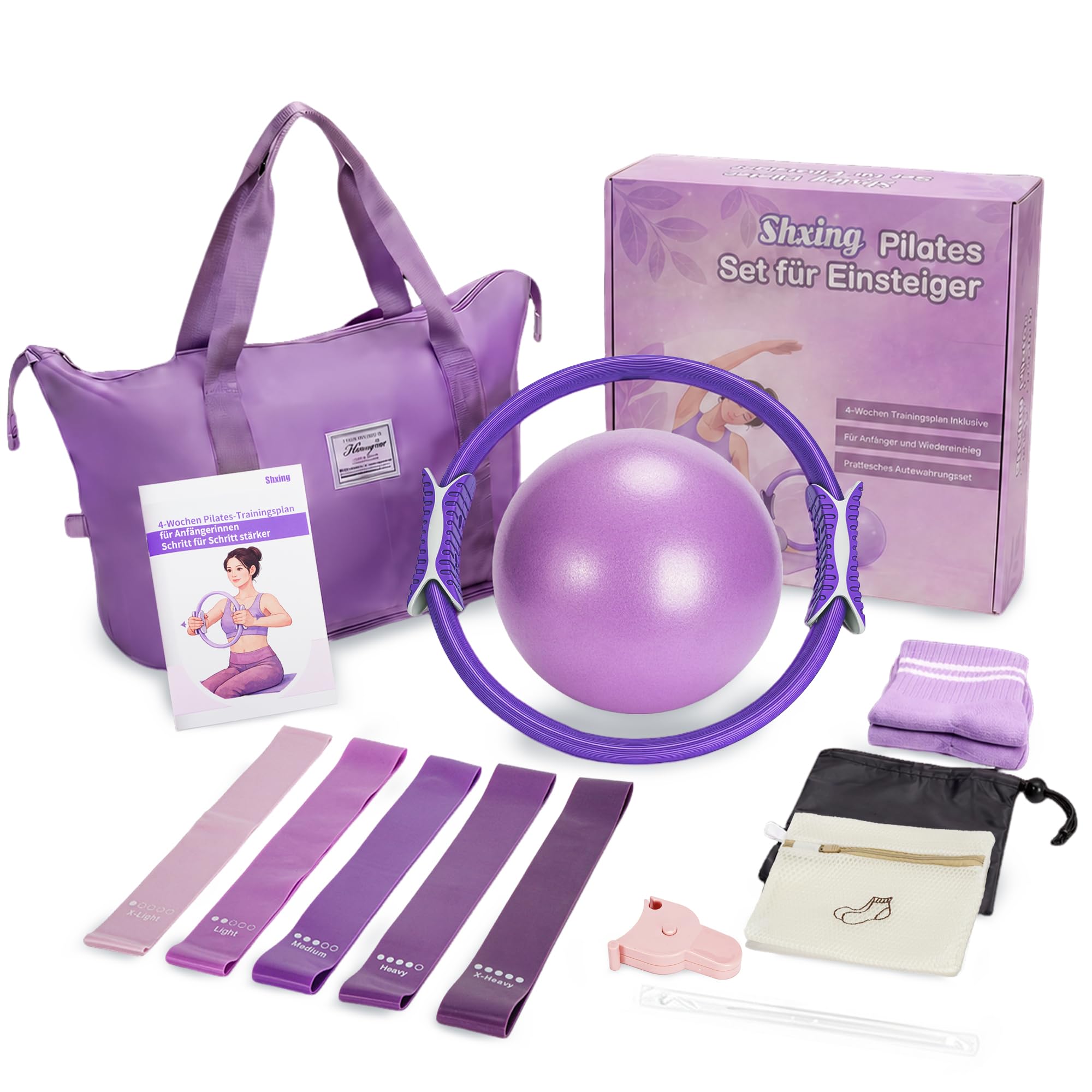 Pilates Set für Anfänger, für Fitness und Training zu Hause | Pilates Ring Set mit Ball, 5 Widerstandsbändern, Socken und 4-Wochen-Plan für Damen, Kraft, Balance und Beweglichkeit