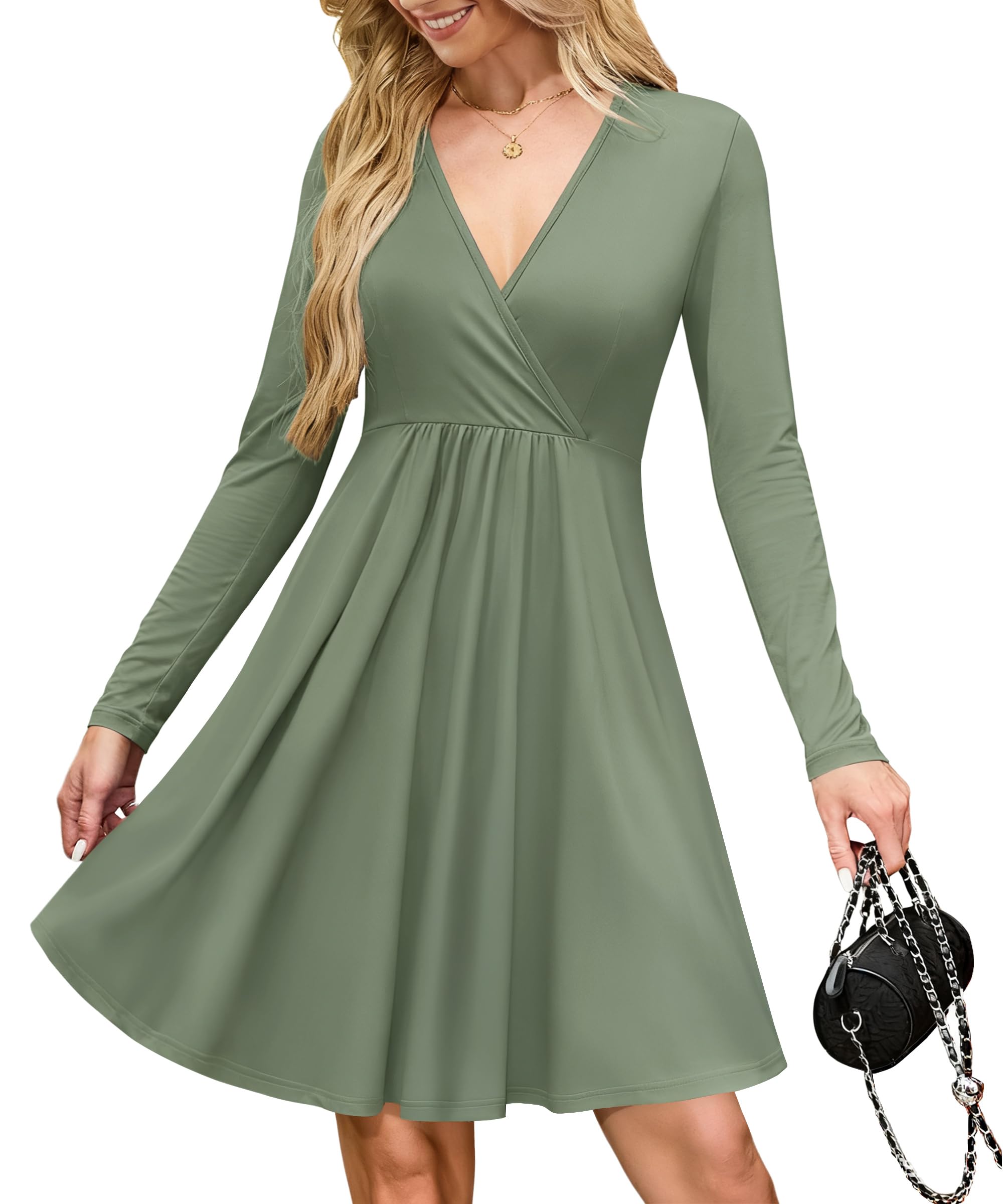 AUSELILY Wrap Dress for Women UK V Neck Flowy Long Sleeve Elegant Casual Dresses with Pockets Knee Length Olive Green S