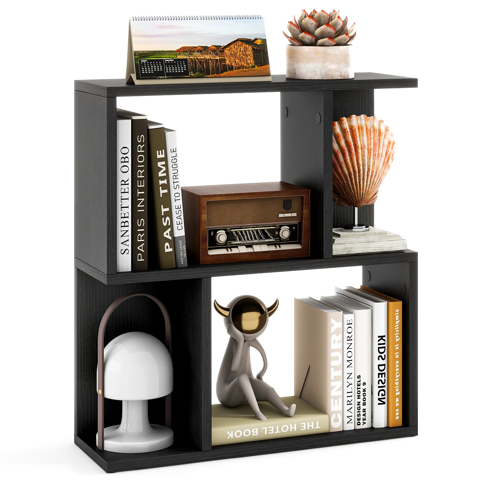SFAREST 3-Tier Bookshelf, Wooden S-Shaped Display Shelf with 4 Compartments, Freestanding Storage Cabinet Shelving Unit Open Cube Bookcase for Living Room Home Office (Black, 50 x 18 x 56 cm)