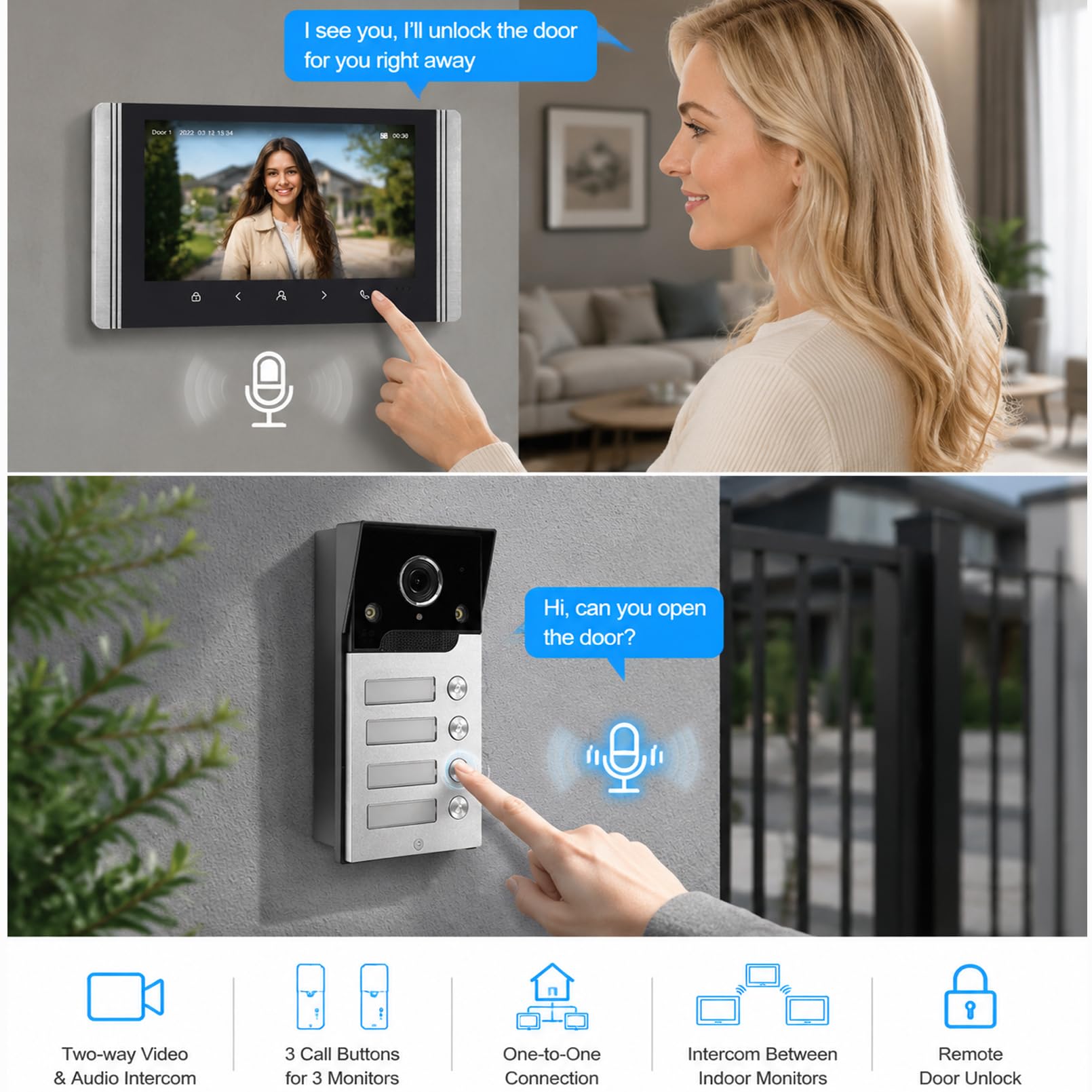 Wifi Wireless Video Türsprechanlage,1080P Außenenkamera,7 Zoll Touchscreen Wireless Monitor,PIR Bewegungserkennung,Nachtsicht,Tuya APP Steuerung (4 Familienhaus)