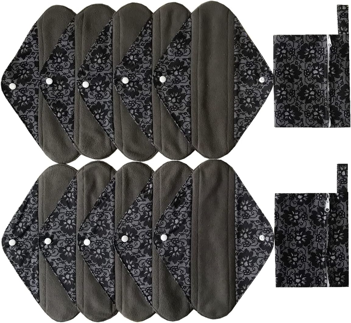 MUMBABY 12 Pieces Set 2 Pieces Mini Wet Bags and 10 Pieces Charcoal Bamboo Mama Cloth/Menstrual Pads/Reusable Sanitary Pads (Black Lace, 12 inch)