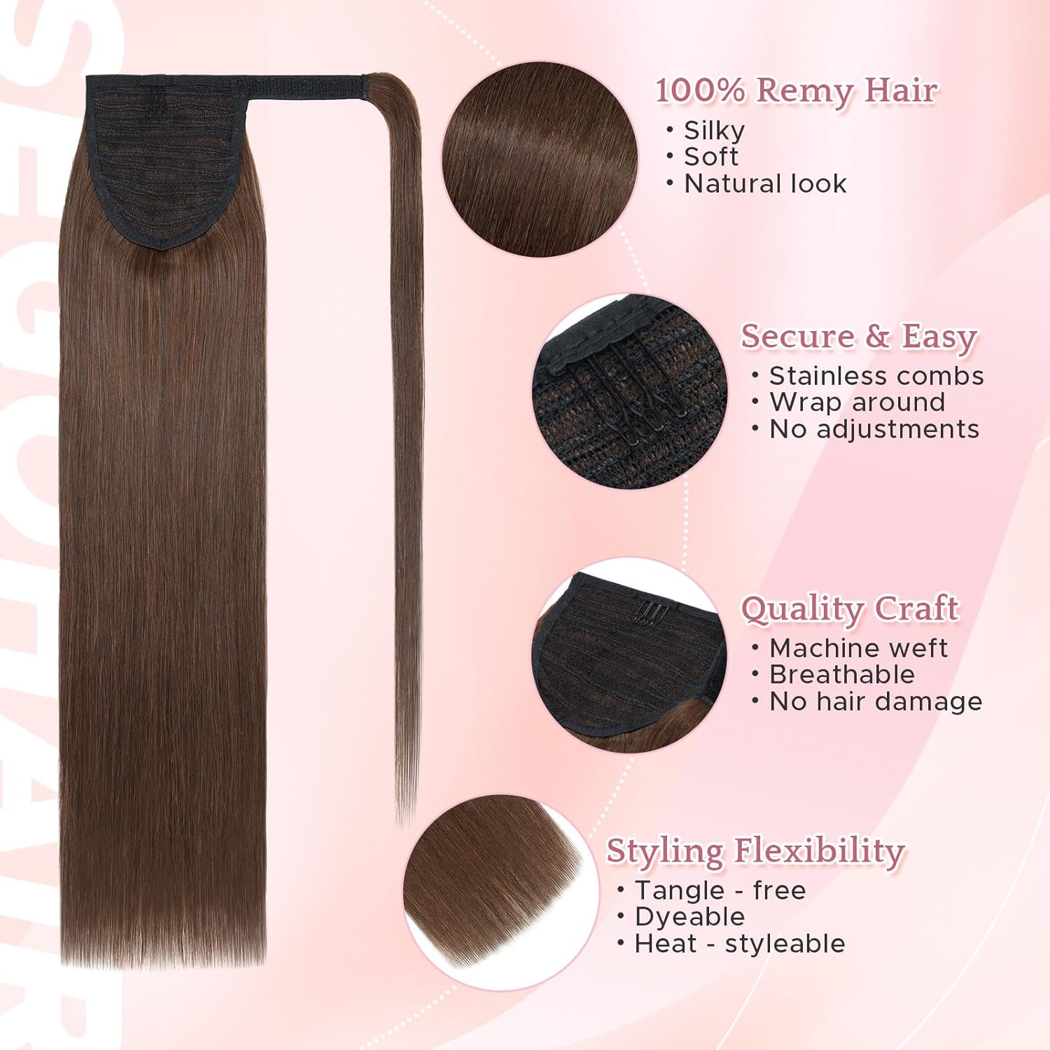 SEGOHAIR Clip In Real Human Hair Ponytail Extensions for Women 100% Remy Human Hair Ponytail Straight Wrap Around Clip in One Piece Hairpiece 14 Inches 80g #04 Medium Brown