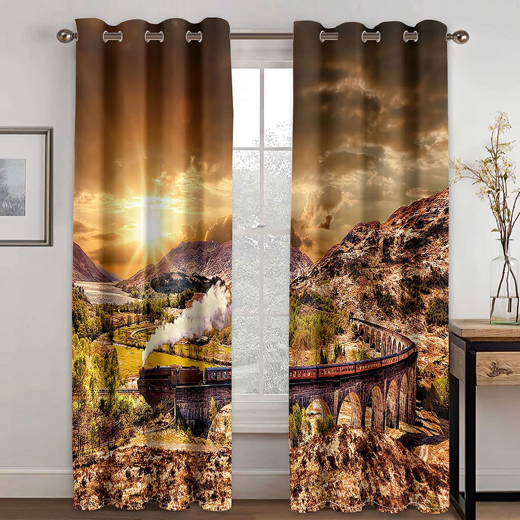 Rideaux Grande Largeur Occultant À Oeillets 260 X 214 Cm（L X H）Lot De 2 Rideau Thermique Isolant Anti Froid Décoration De Fenêtre Pour Chambre Cuisine Salon 3D Paysage De Coucher De Soleil De Pont D