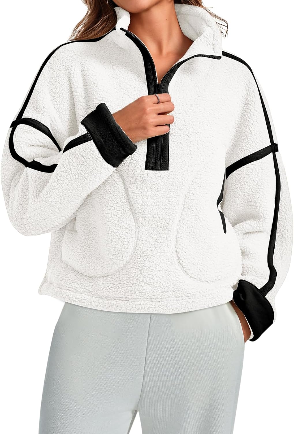 Women Sherpa Fleece Jacket Half Zip Oversized Cropped Sweatshirt Long Sleeve Pullover 2025 Winter Outfits with Pockets
