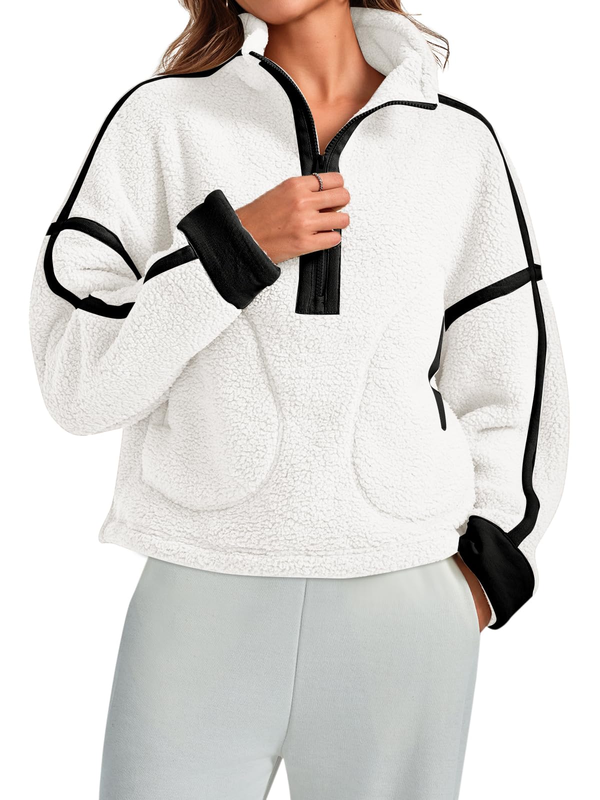 Women Sherpa Fleece Jacket Half Zip Oversized Cropped Sweatshirt Long Sleeve Pullover 2025 Winter Outfits with Pockets