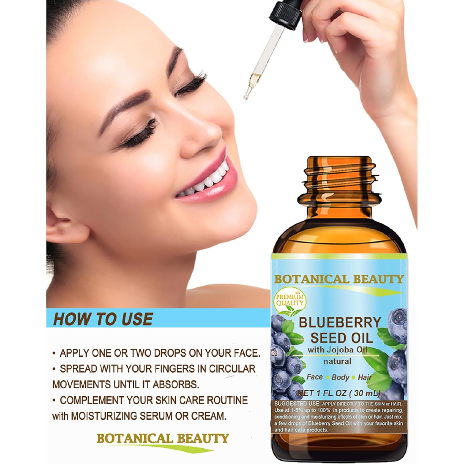 Botanical Beauty Blueberry Seed Oil. Natural Cold Pressed Carrier Oil. 2 Fl.oz.- 60ml. For Skin, Hair, Lip And Nail Care.