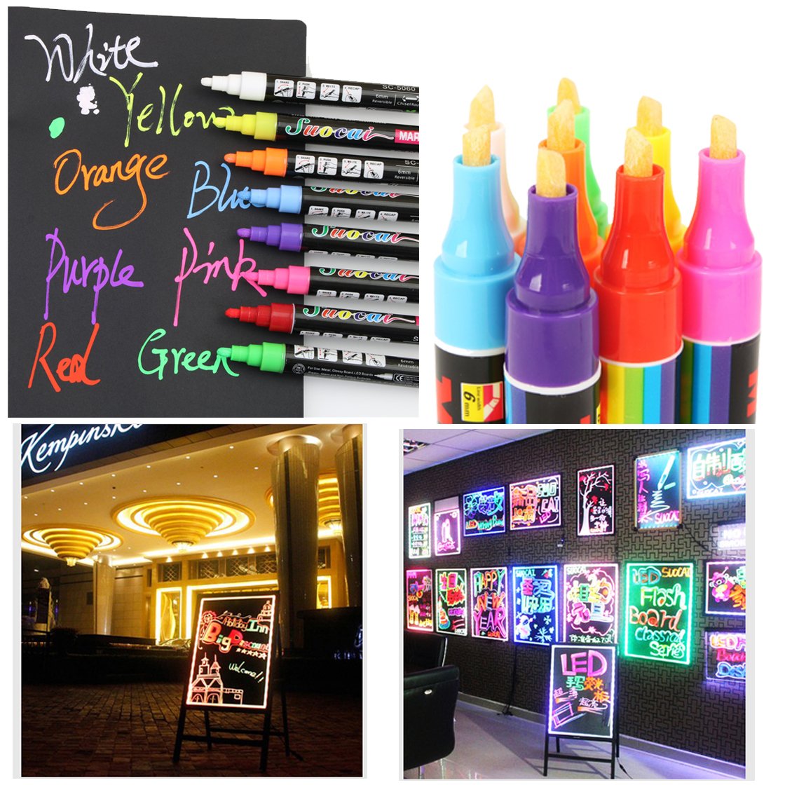 Tpocean 8 Colors 6mm Liquid Chalk Marker Pens Erasable Big Highlighters for LED Writing Board Glass Window Art
