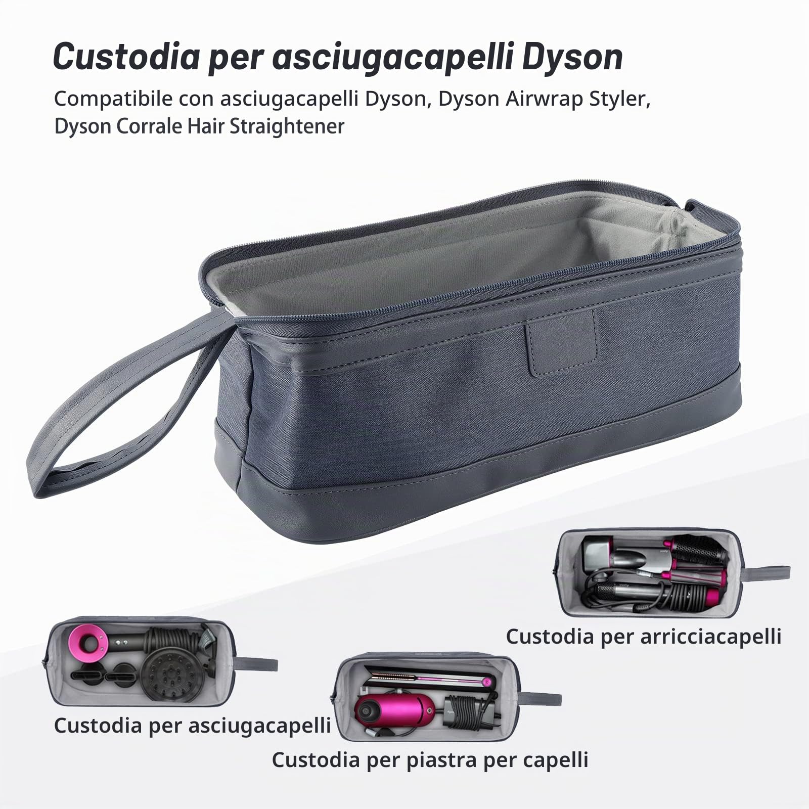 Kyrio Borsa Universale per Asciugacapelli, Compatibile con Dyson Supersonic e Airwrap, Custodia Portatile da Viaggio per Cosmetici (Grigio Scuro)