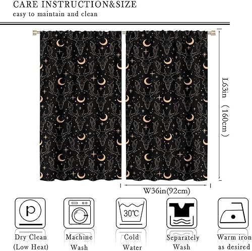 Vista 276 de Cortinas de cabeza de cabra, misteriosa cabeza de cabra malvada, calavera negra, bolsillo para barra, cortinas opacas para ventana, juego de 2