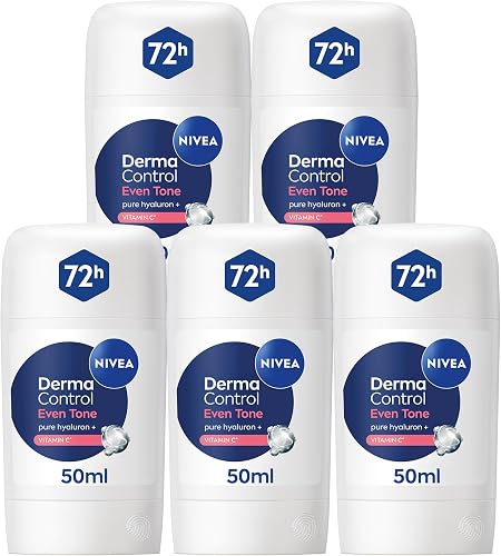 NIVEA Derma Control Even Tone Anti-Perspirant Stick, 50ml, 72h Protection, Pure Hyaluron & Vitamin C, 0% Alcohol, Helps Recover Even Skin Tone, Pack of 5