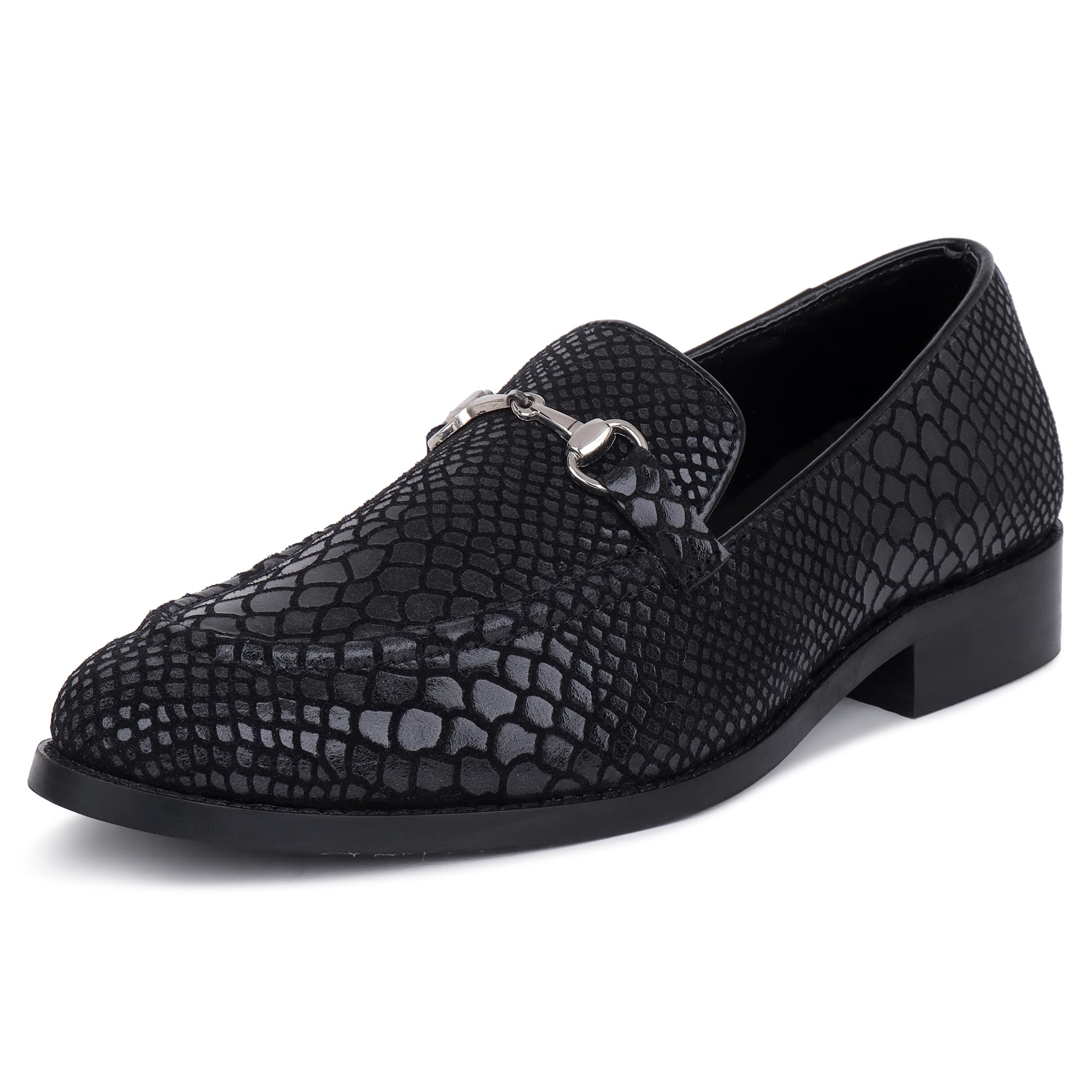 lozano Premium Genuine Leather Foil Print Black Slip-On Shoes for Men-picture-53