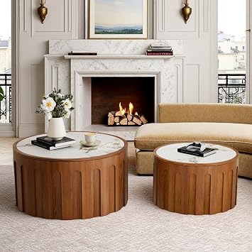 WXFKLDJ Nesting Coffee Table Set of 2 with Sintered Stone Tabletop, White
