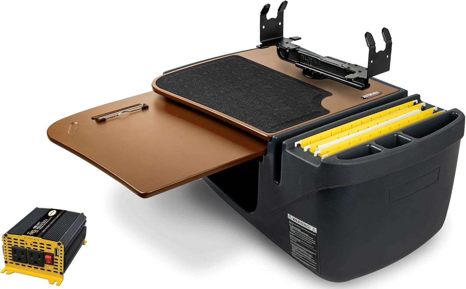 AutoExec GripMaster Car Desk for Your Vehicle Workstation and Mobile Office, Bourbon Brown, with Printer Stand and 400 watt Power Inverter