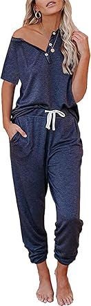 Womens Button Up Short Sleeve Shirts Top Jogger Pant Two Piece Tracksuit Outfits Loungewear