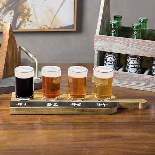 Miniatura 2 de MyGift Juego de servir de degustación de vuelo de cerveza, tabla de remo rústica de madera quemada con 4 vasos y etiquetas de pizarra