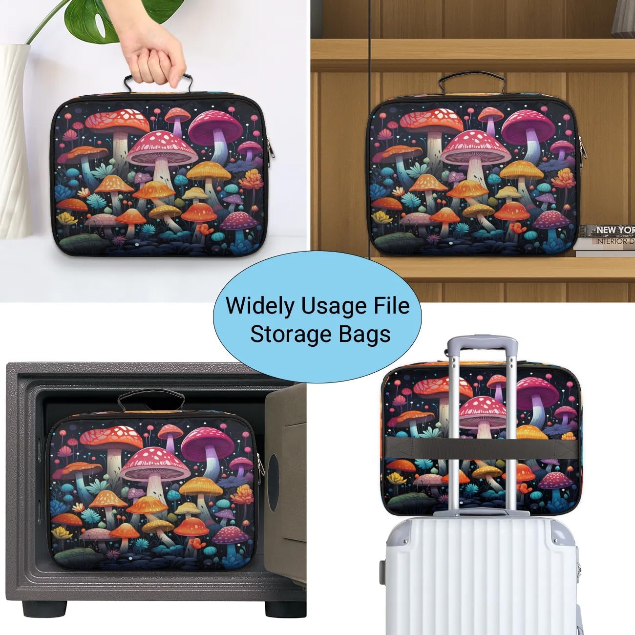 File Organizer Beautiful Mushrooms Document Organizer with Handle Portable File Organizer Bag Home Travel Storage Bags for Files Laptop Certificates