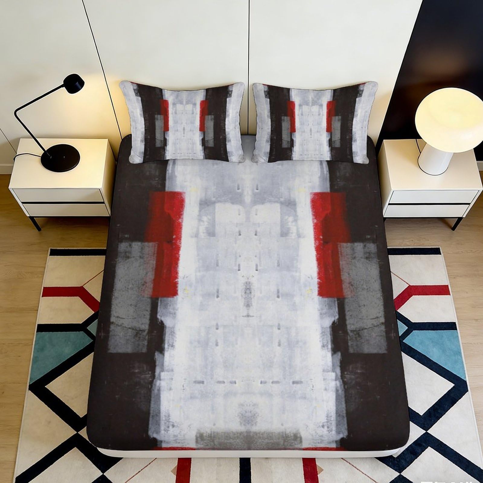3D Printed Abstract Geometric Fitted Sheet Microfiber Soft Modern Art Mattress Cover for Bedroom Guest Room Dorm Decor 140x200x25cm