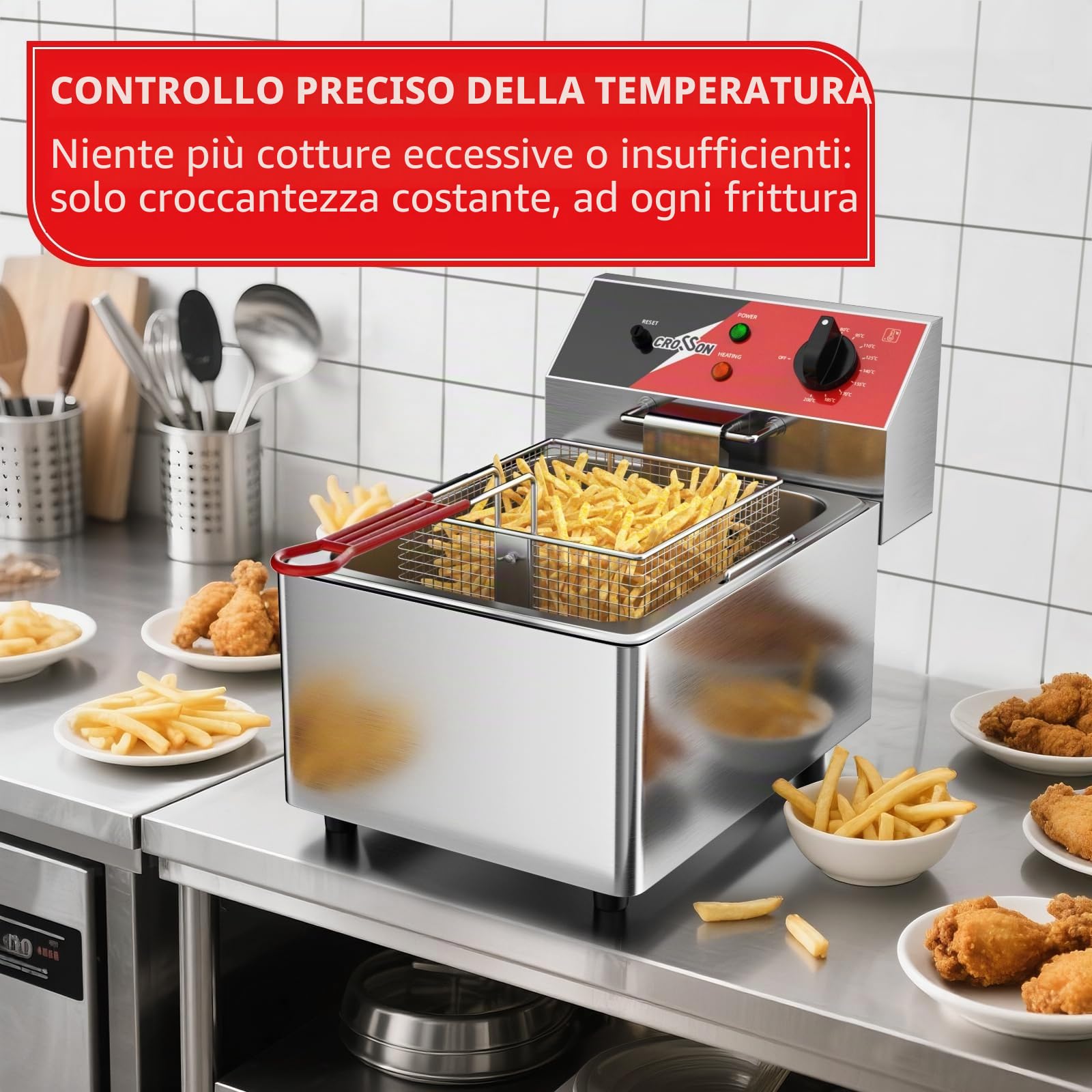 CROSSON Friggitrice Commerciale 6 Litri,Friggitrice Elettrica ad Olio da Inox 3000W con Cestello e Coperchio,Controllo Temperatura 80-200°C,per Cucina Ristorante